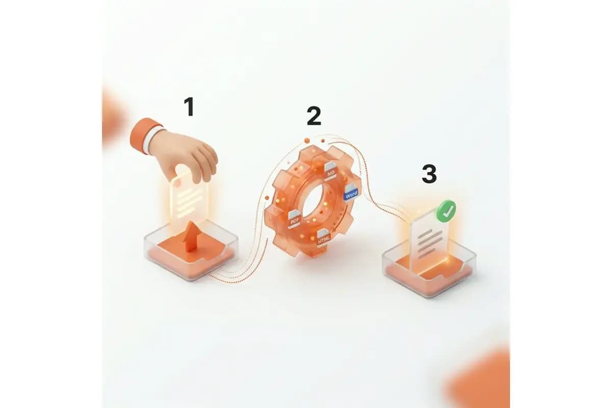 Three-step Markdown conversion process - upload file, choose format, download converted result