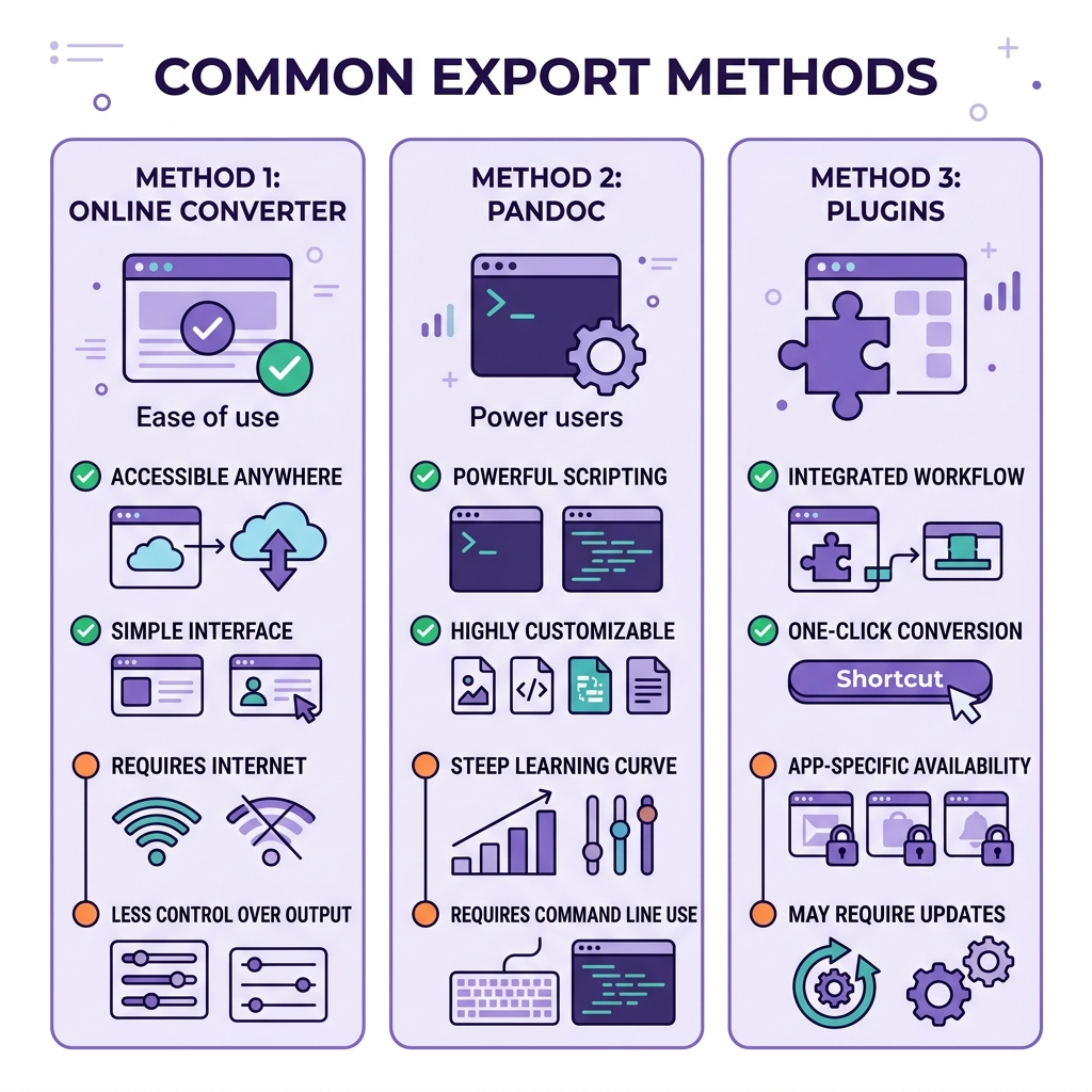 三种 Obsidian 笔记导出方法的对比:在线转换器、Pandoc 和社区插件